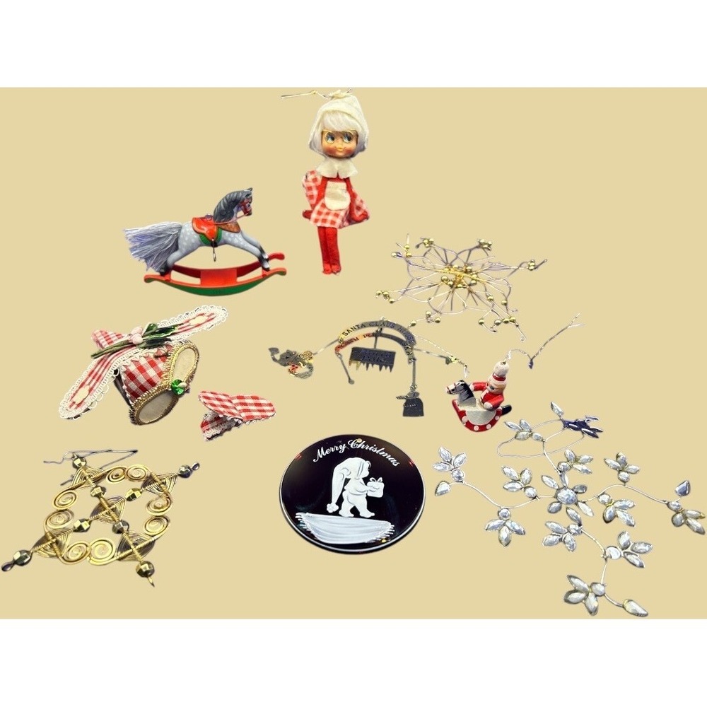 Vintage Inarco Christmas Ornaments Japan Lot Gold Santa Rocking Horse 1988 Plaid